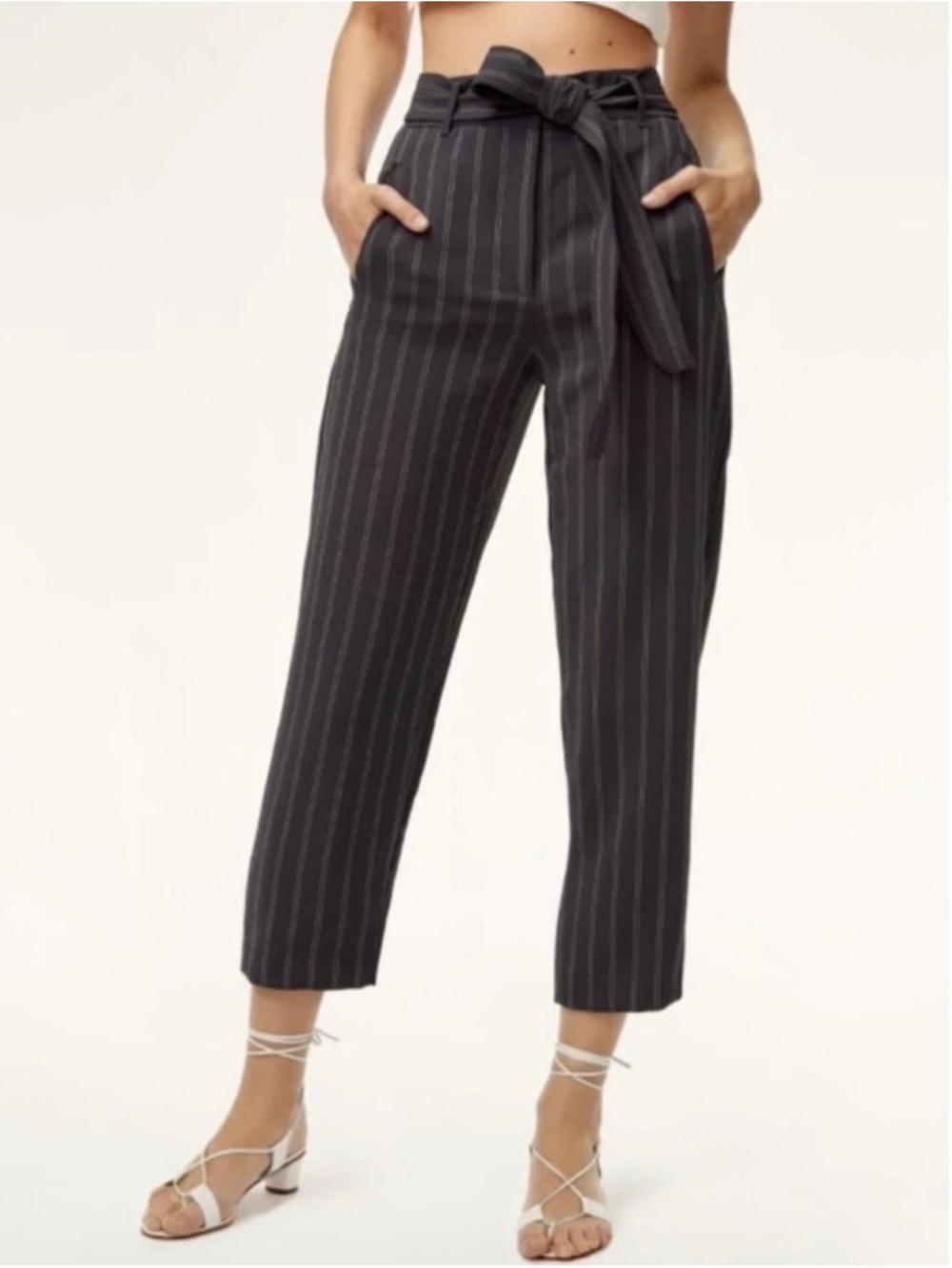 Aritzia Wilfred Tie Front Pants Size 2 Navy Blue Pinstripes Office Contemporary